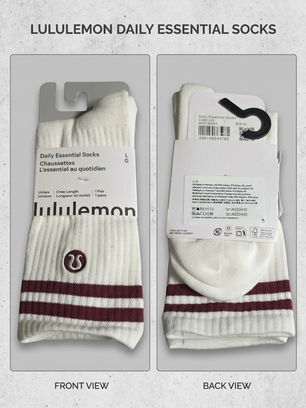 lululemon athletica White Crew Socks with Maroon Stripe Detail